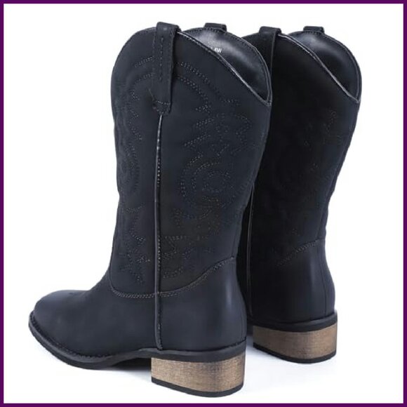 Women's Square Toe Wide Calf Cowboy Boots Low Heel Mid Calf Booties - Picture 7 of 8